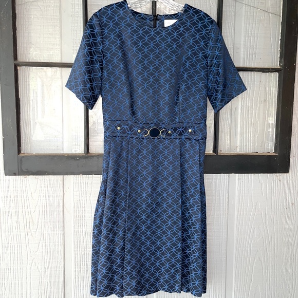 Estée Lauder dress, black with blue pattern all over, belt/decoration on front - Picture 1 of 10